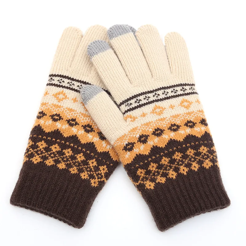 Luvas de tricô de inverno de neve feminino dedo rachado jacquard de veludo homem amante inverno quente grosso luvas de esqui tela de toque