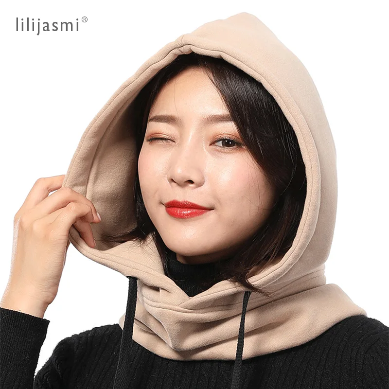 Unisex 2 Layers Thick 100 Cotton Fashion Hood Hat Scarf Elegant Hooded Hats Beanies Winter Neck Warm Balaclava Headgear Caps