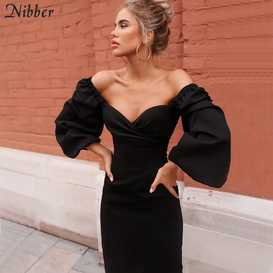 Nibber sexy pure V Neck off shoulder bodycon dress For women clubwear New Year party night  Basic Elegant midi dresses Mujer2022