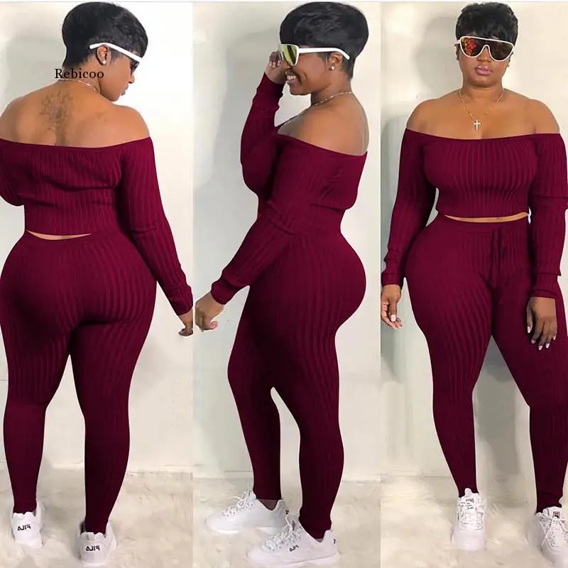 

Sexy Two Piece Set Jumpsuit Off Shoulder Crop Top+Lace Up Pants Tracksuit Fall Fashion Streetwear Matching Set