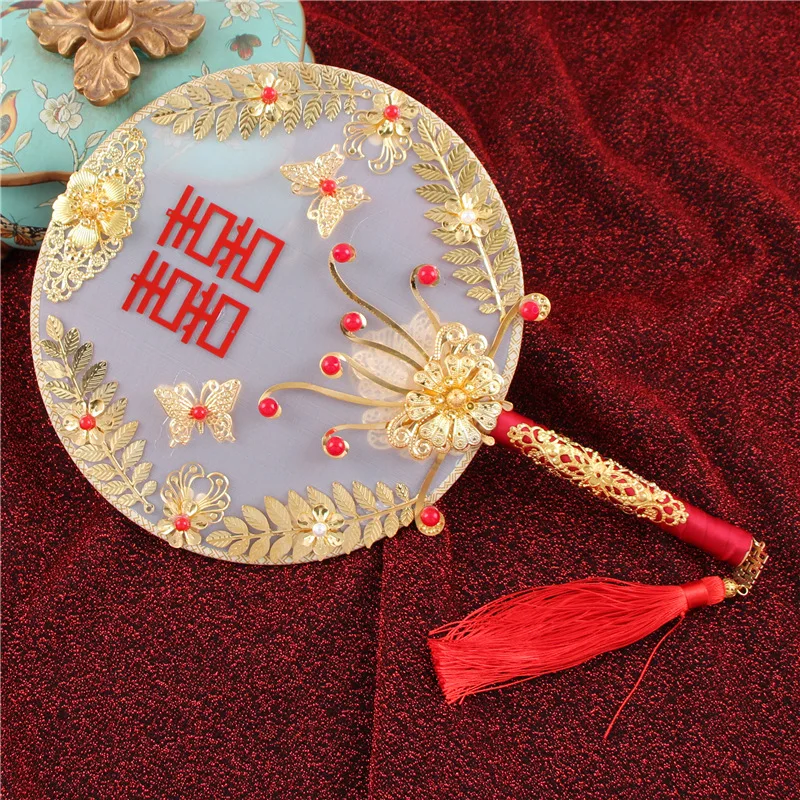 NiuShuya New Bridal Fan Chinese Vintage Handmade Silk Round Fan Holding Flower Ancient Gold Fan  Wedding Accessories