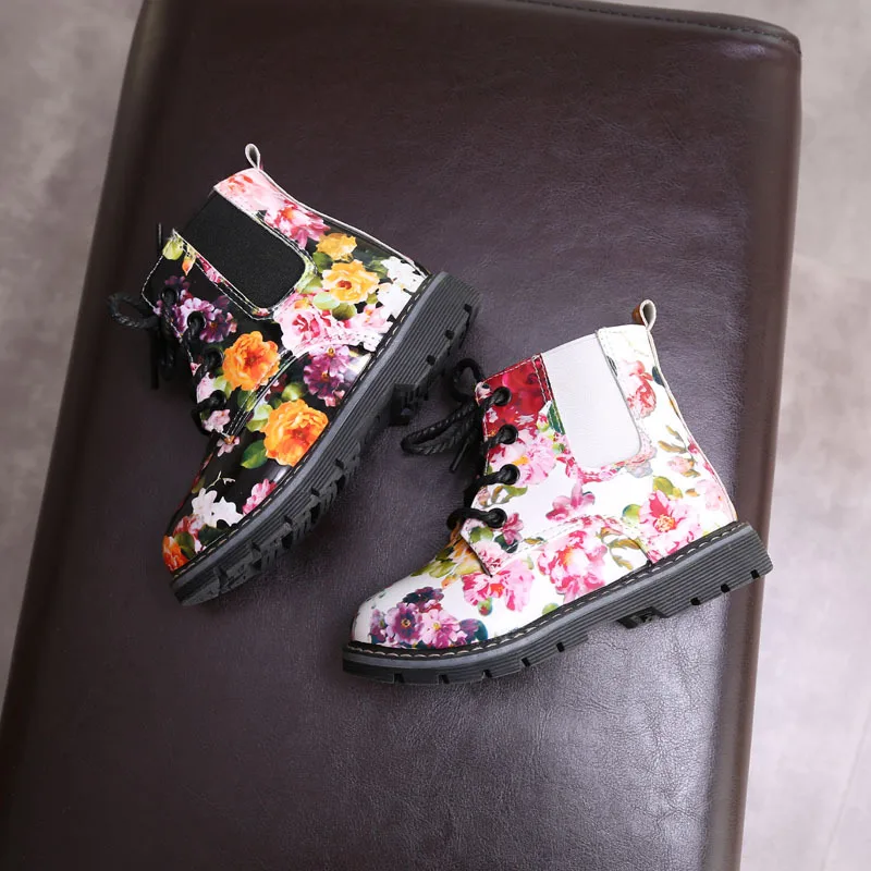 Little Baby Girls Children Leather Boots Kids Boots Flower Print Baby Girls Shoes Girls Boots 3 4 5 6 7Years Old Kids