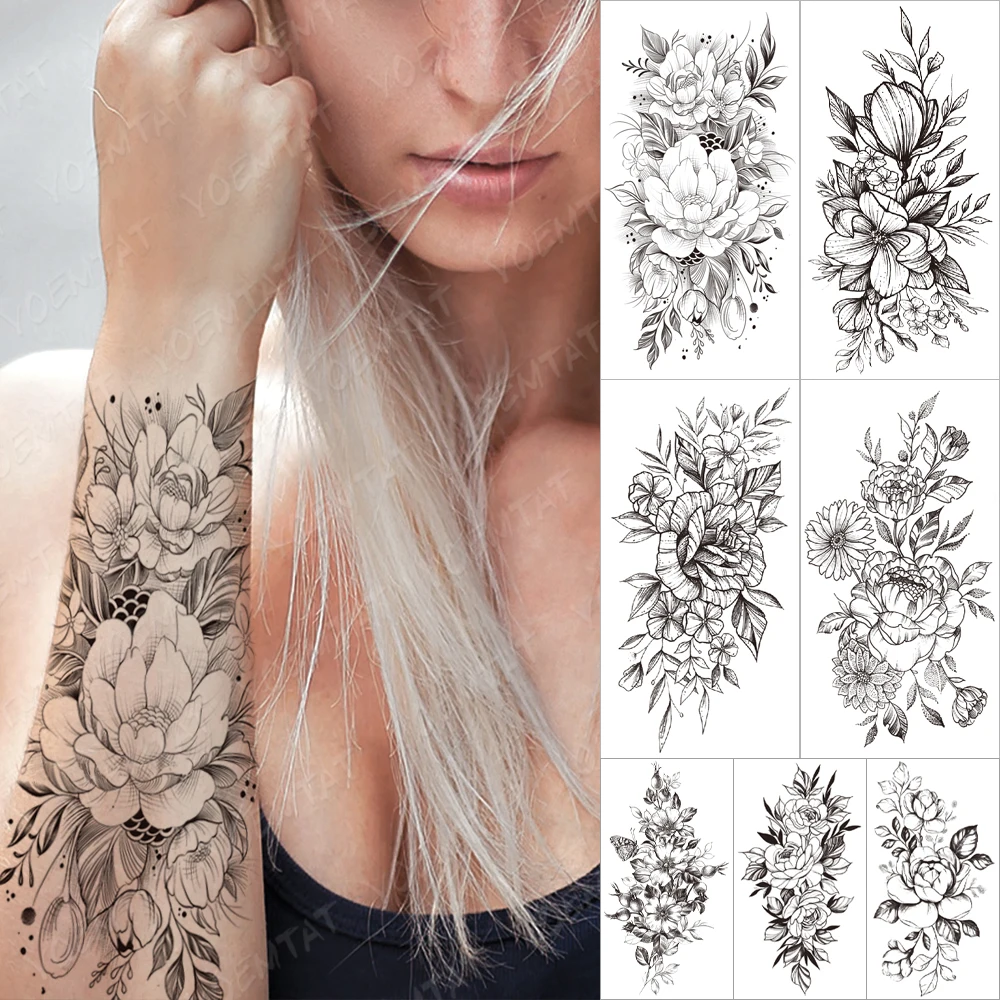 

Waterproof Temporary Sleeve Tatooo Sticker Simplicity Painted Peony Jasmine Fish Mask Tattoo Neck Body Art Fake Tatoo Man Women