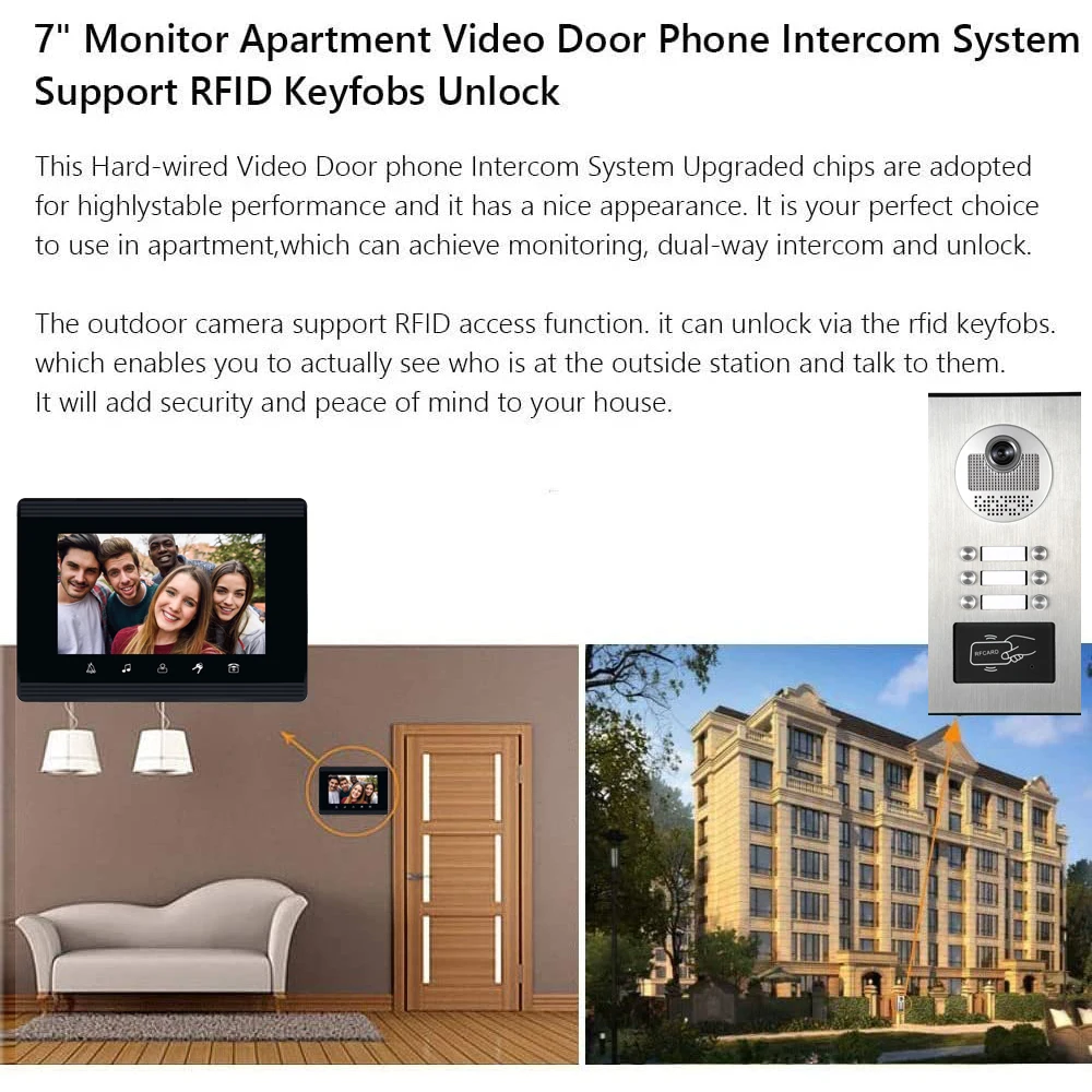 2020 Upgrade Versions 2/3/4/6 Units Apartment intercom Video door phone network Cable Connect, Single-Supply, ID Keyfobs Unlock