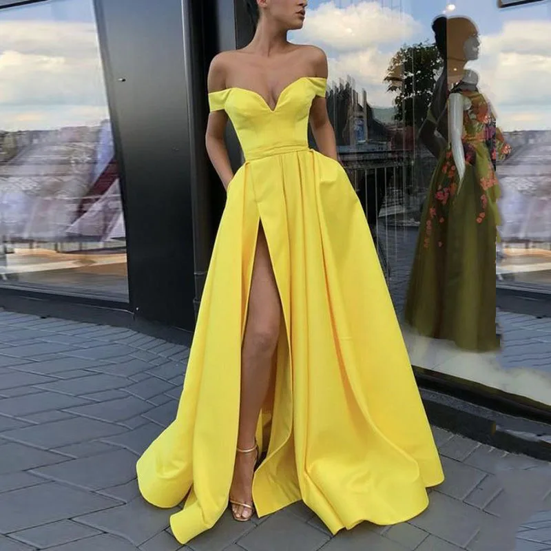 Robe de soirée longue jaune avec poches, ligne a, col en v, épaules dénudées, fente latérale, arabe, dubaï, élégante