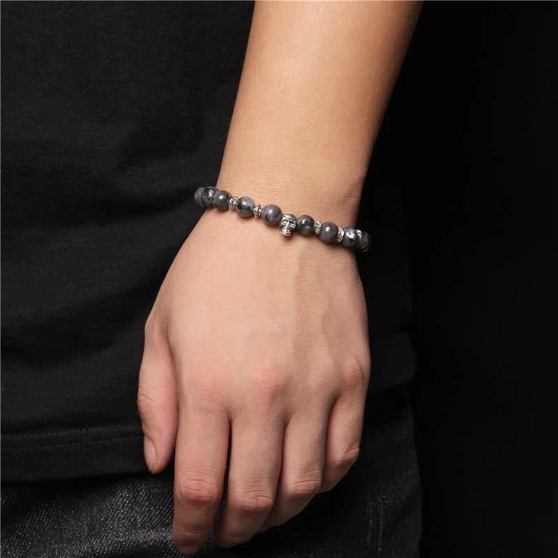 Natural Black Labradorite Stone Beads Bracelet 8mm Round Beaded Vintage Skull Head Charm Bracelet Men Lucky Jewelry for Female