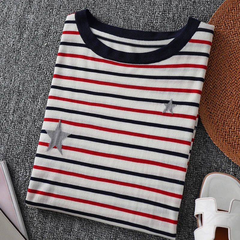 Print Star Tshirs Stirped Short Sleeve O Neck Knitted Tops Women T-shirts Summer 2021 Ropa Mujer Verano 2021 Femme Tee Shirt