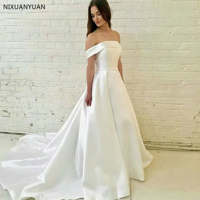 

Elegant White Ivory Wedding Dresses Off Shoulder A Line Chapel Train Wedding Gowns Custom Made Vestido De Noiva Custom Made