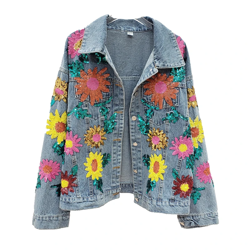 2023 Women Sequin Denim Jacket Womens Jackets and Coats Streetwear Denim Jeans Jacket Outerwear Chaqueta Mujer ropa de mujer