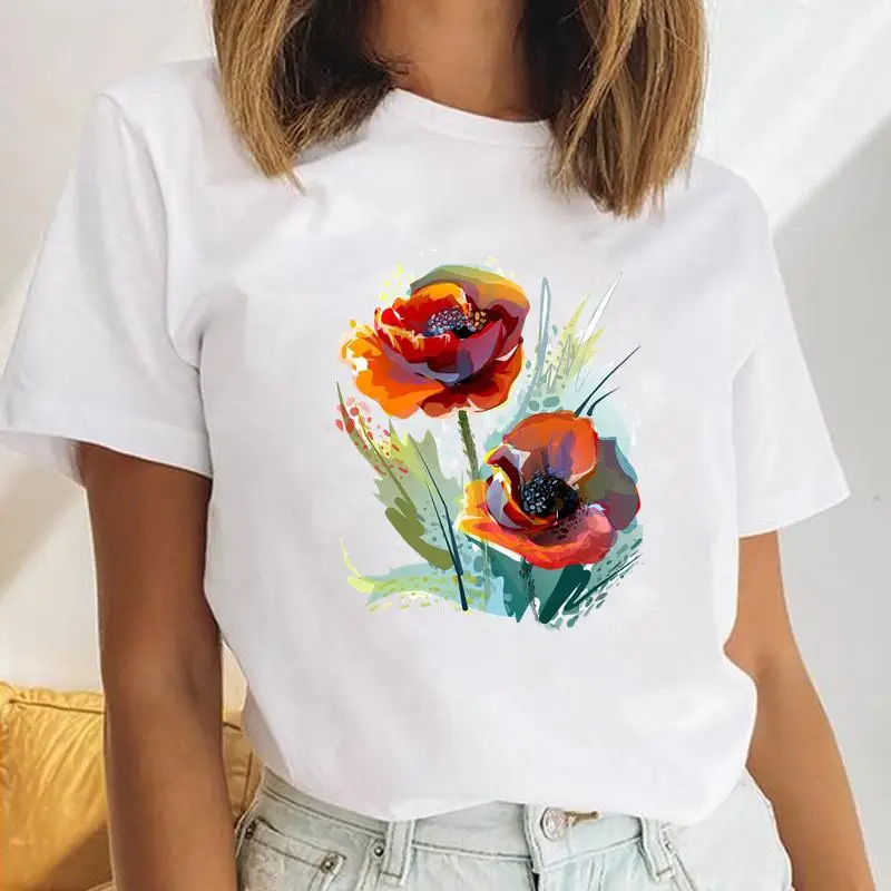 Women Tees Female Flower Spring Summer Floral Cute Fashion Clothes Cartoon Lady Print Short Sleeve Tops Graphic Tshirt T-Shirt