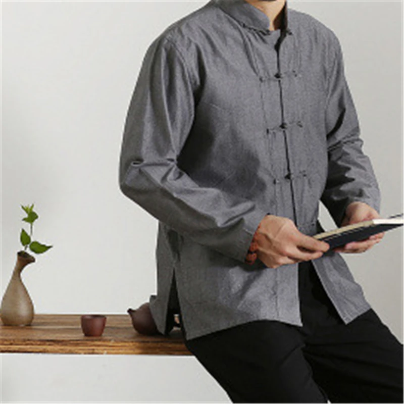 Chinese Style Jacket Mandarin Collar Tai Chi Uniform Hanfu Kung Fu Traditional Chinese Clothing for Men Retro Top Blouse Qipao