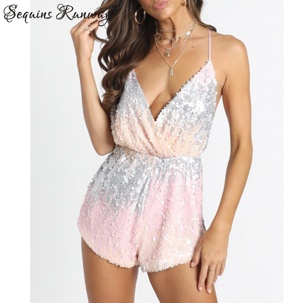 

Sexy V neck Backless Summer bodysuit women sequins playsuit woman jumpsuit short night club party rompers fashion clothes 2024