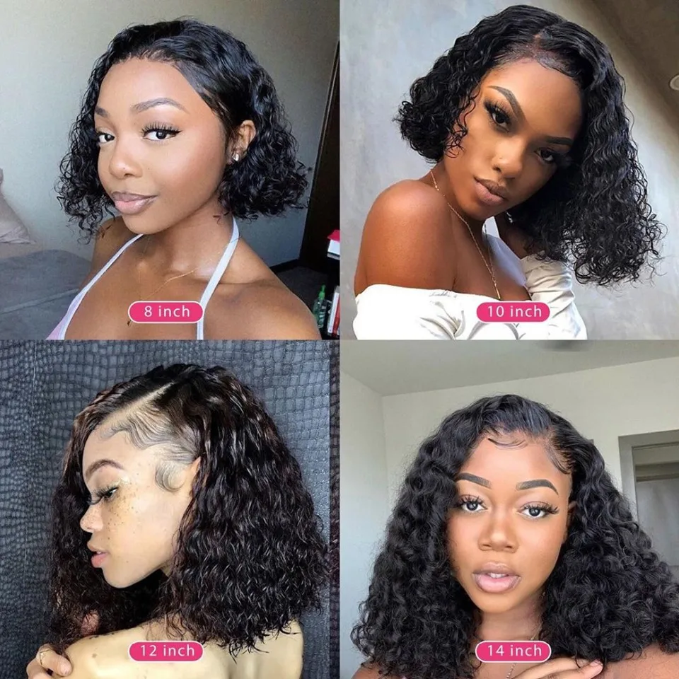 Perruque Bob Lace Closure Wig naturelle bouclée, cheveux courts, 4x4, 8-14 pouces, pre-plucked, densité 180