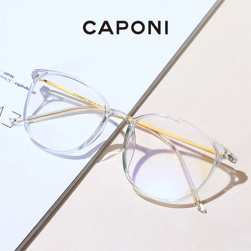 

CAPONI Transparent Glasses Frame Women Fashion Round Glasses Super Light Eyeglasses Blue Ray Protect Support Prescription JF520