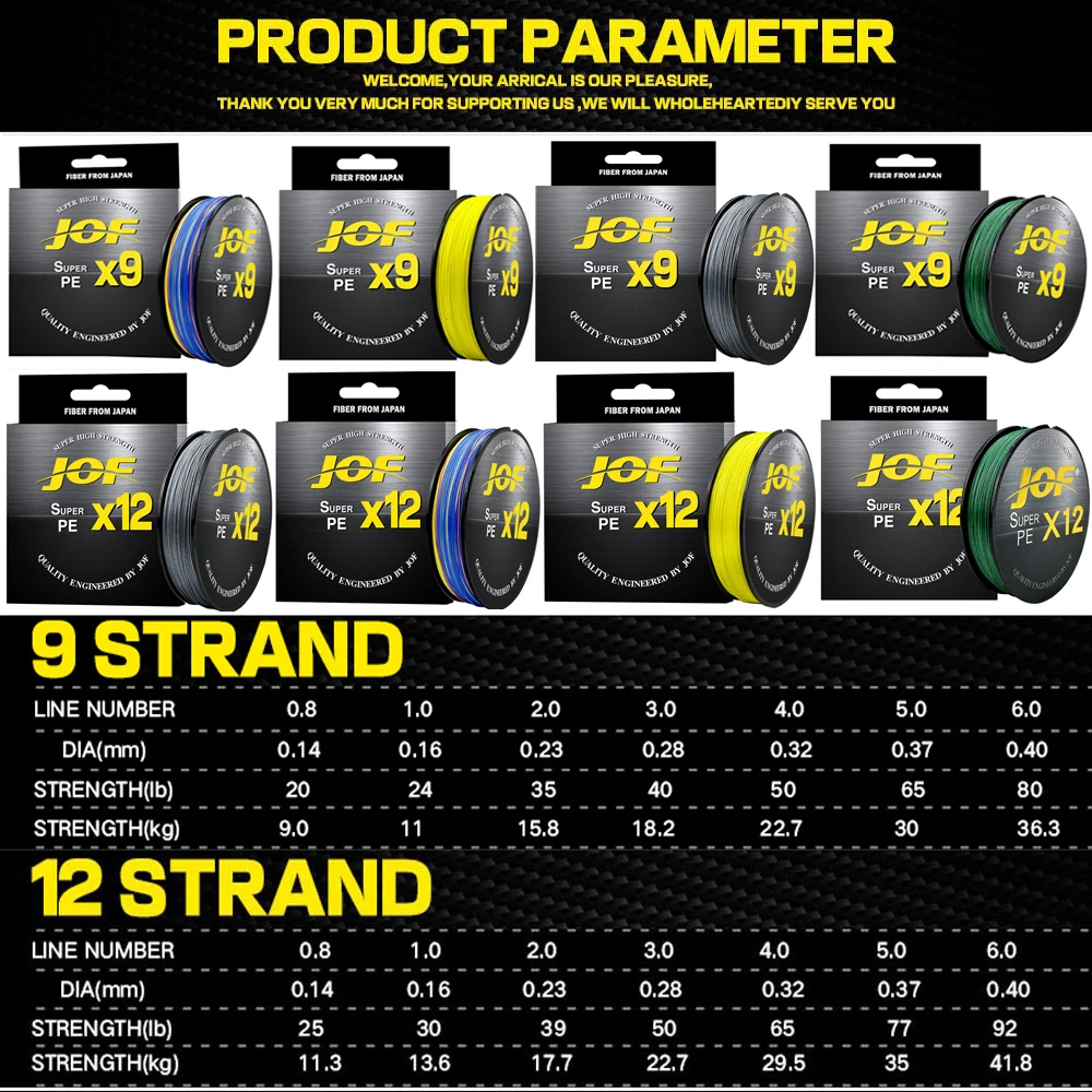 Jof 9/12 Strengen 500M 300M 100M Pe Gevlochten Vislijn Tresse Peche Zoutwatervissen Weave Multifilament 9/12 threads
