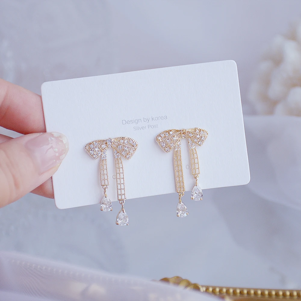Hot Sale Korean Micro Zircon Temperament Bowknot Earring for Women Dainty 14k Plated Gold Elegant Earring Accessories Jewelry