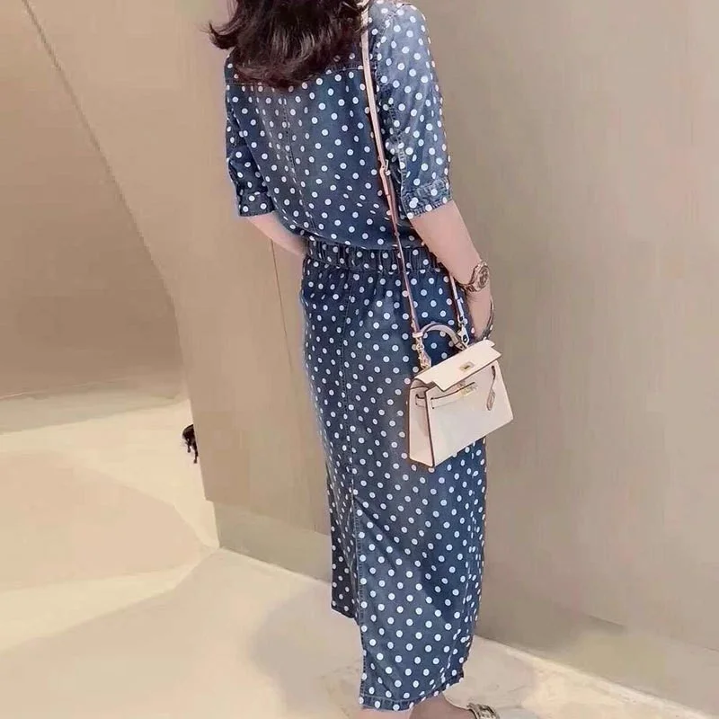 Summer Women Short Sleeve Mid Calf Long Denim Dress Casual Vintage Polka Dots Zipper Sexy Collar Lace Up Slim Fit Jeans Dresses