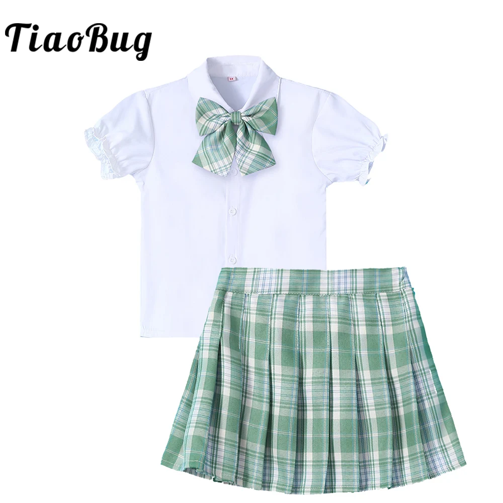 Kids Girls School Dress Summer Pink Skirt Japanese School Uniforms Top+Pleated Grid Skirt Teen Girls Anime Cosplay Sailor Suits