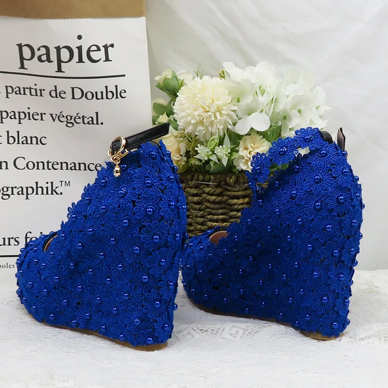 BaoYaFang Royal Blue Ankle Strap Wedding shoes high heels platform shoes Wedges Flower Woman Pumps High Shoes Buckle Round Toe