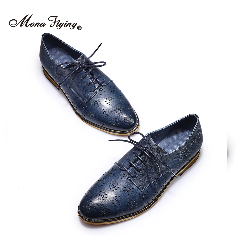 Mona Flying Women's Genuine Leather Oxfords Brogue Comfort Hand-made Derby Casual Flat Lace up Shoes for Ladies B098-101