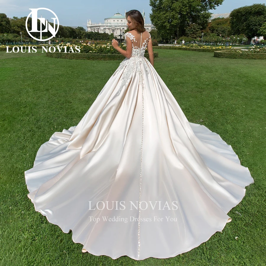 LOUIS NOVIAS Satin Wedding Dresses For Women Luxury Exquisite Bridal Dress Beading Flowers Cap Sleeve Vestidos De Novia