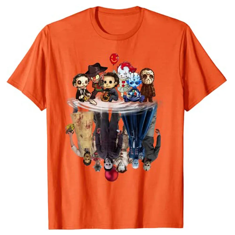 Cute Horror Movie Chibi Character Water Reflection Halloween T-Shirt Graphic Tees Oversized T Shirt Graphic Gift