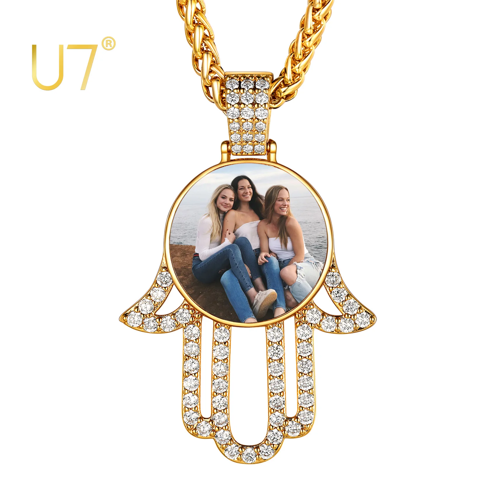 U7 Iced CZ Hamsa Hand Pendant  Chain 22 Inch Hip Hop Jewelry Personalized Custom Picture Photo Necklace for Men Women