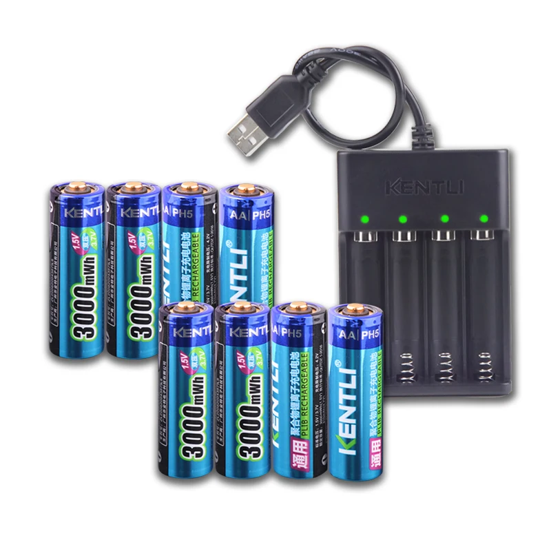 KENTLI 8 pcs 1.5 v 3000mWh AA ricaricabile Li-polymer li-ion polymer batteria al litio + 4 slot USB di smart caricatore
