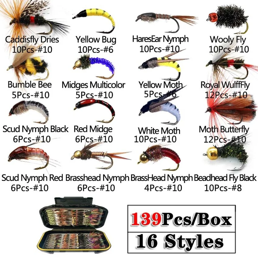 139Pcs Fly Fishing Flies Lures Bait Starter Set Dry Wet Fly Streamer Nymph Emerger for Trout Bass Winter Spring Fishing