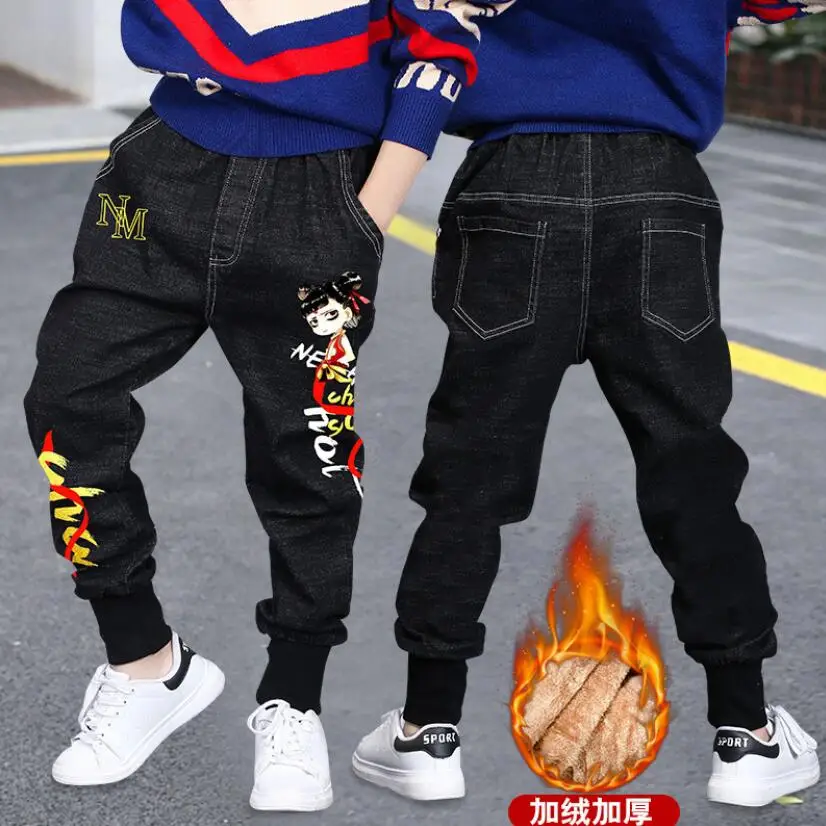 

Winter boys full length plush inside cotton cartoon warm black jeans 3-13T kids fleece trousers children outfit teenage pants