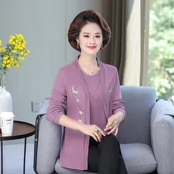 Two Piece Set Middle Age Mother Spring Autumn Thin Coat Women Knitted Shirt Long Sleeve Tops