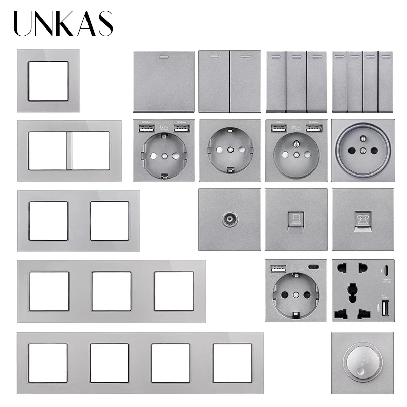 

UNKAS Gray Glass Panel DIY Free Combination French EU Socket Type C Dual USB 1 2 3 4 Gang 1/2 Way On / Off Push Button Switch