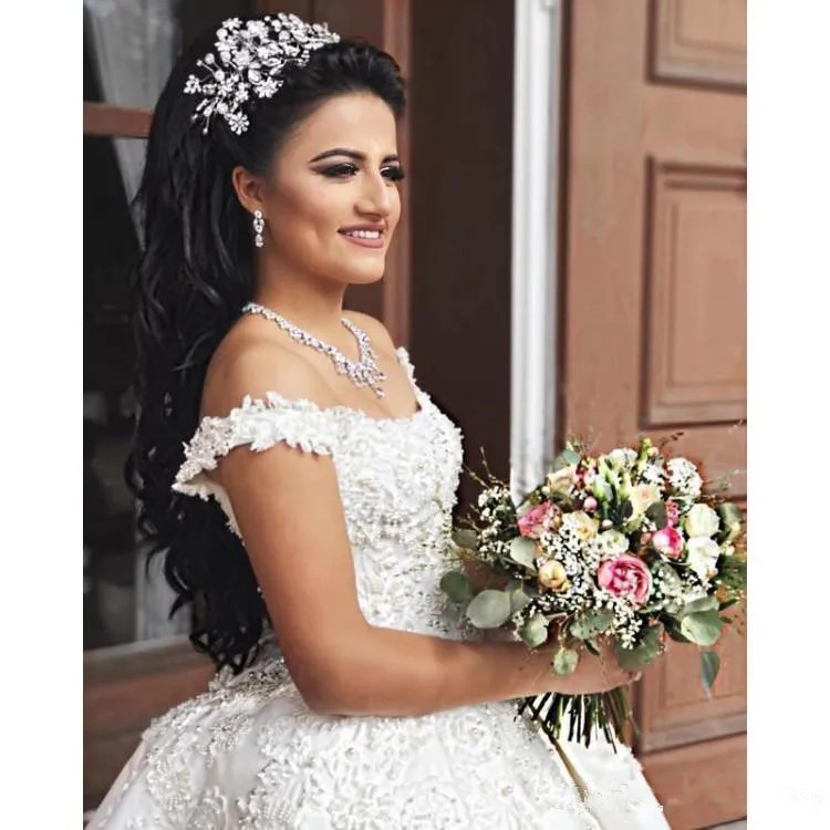 2025 luxo árabe vestidos de casamento cetim fora do ombro renda apliques cristal frisado plus size vestidos de noiva personalizados