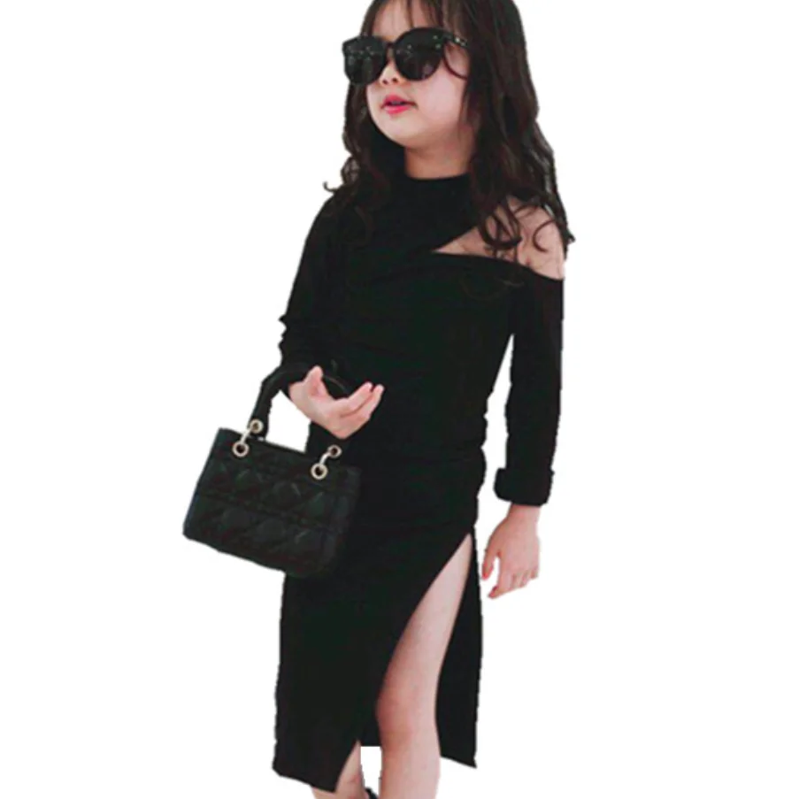 Spring Autumn girls fashion single off shoulder dress Baby split dress kids dress Children slim package hip dress