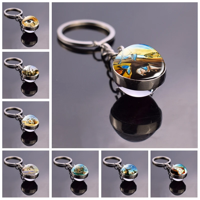 Salvador Dali Surrealism Art Picture Double Side Keychain Glass Ball Key Chain Rings Pendant Art Jewelry Gifts