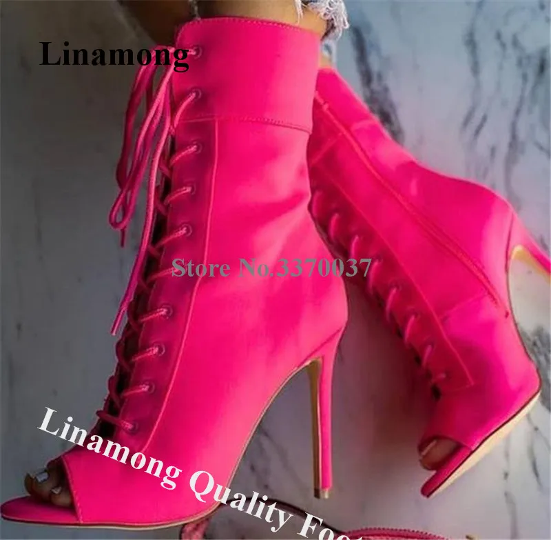 

Linamong Women Fashion Peep Toe Stiletto Heel Short Gladiator Boots Lace-up Ankle Wrap High Heel Ankle Booties Dress Heels