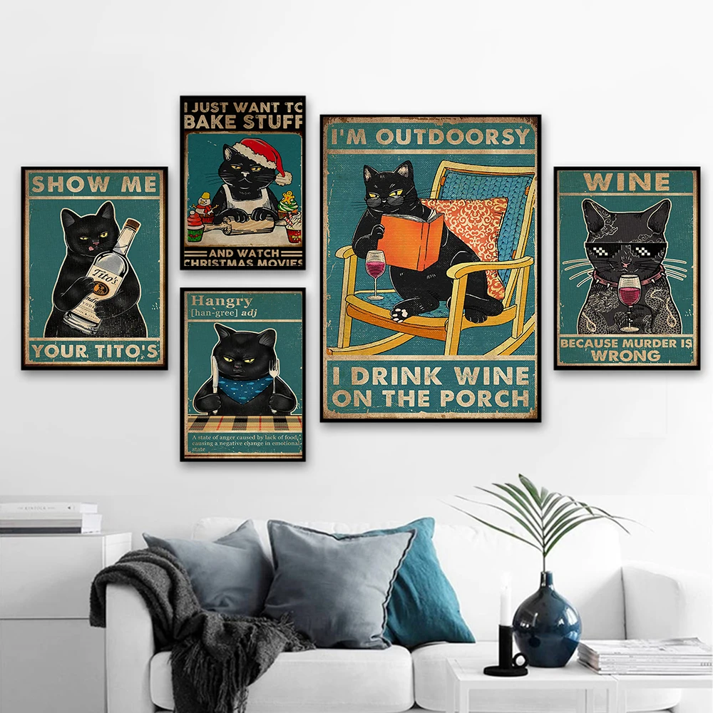 

Cartoon Funny Cat Posters And Prints Vintage Canvas Painting Wall Art Pictures For Living Room Kitchen Wine Cuadros Home Decor