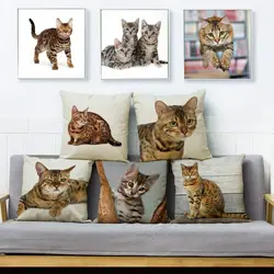 Cute Bengal Cat Print Pillow Cushion Cover Beige Linen Throw Pillows Cases Sofa