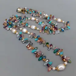 YYGEM Natural Cultured Freshwater White Rice Pearl Multi Color Top-Drilled Teardrop Crystal Long Necklace 49