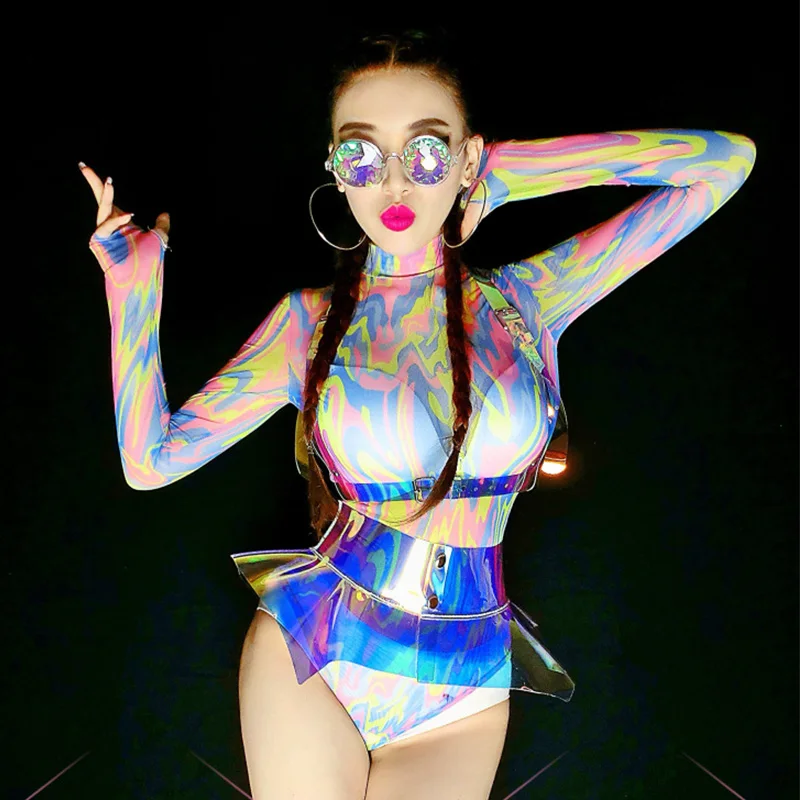 Colorful Bodysuit Stage Costumes Female Singer Bar Dancr Outfit Women Sexy Pole Dance Clothes Nightclub Dj Rave Wear DNV13169