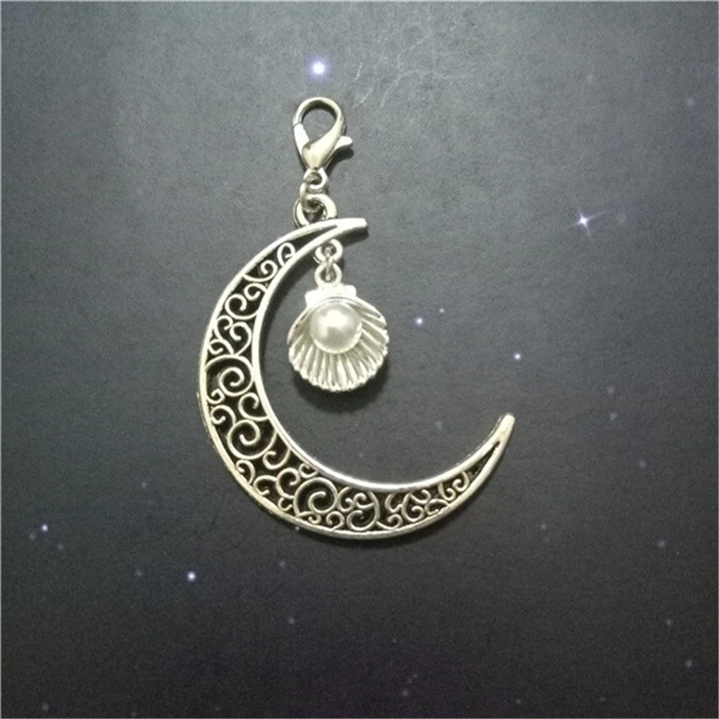 1 Pcs Big Moon Antique Silver Color Seashell Clip on Charm Perfect for Necklace and Bracelets, Pearl Charm