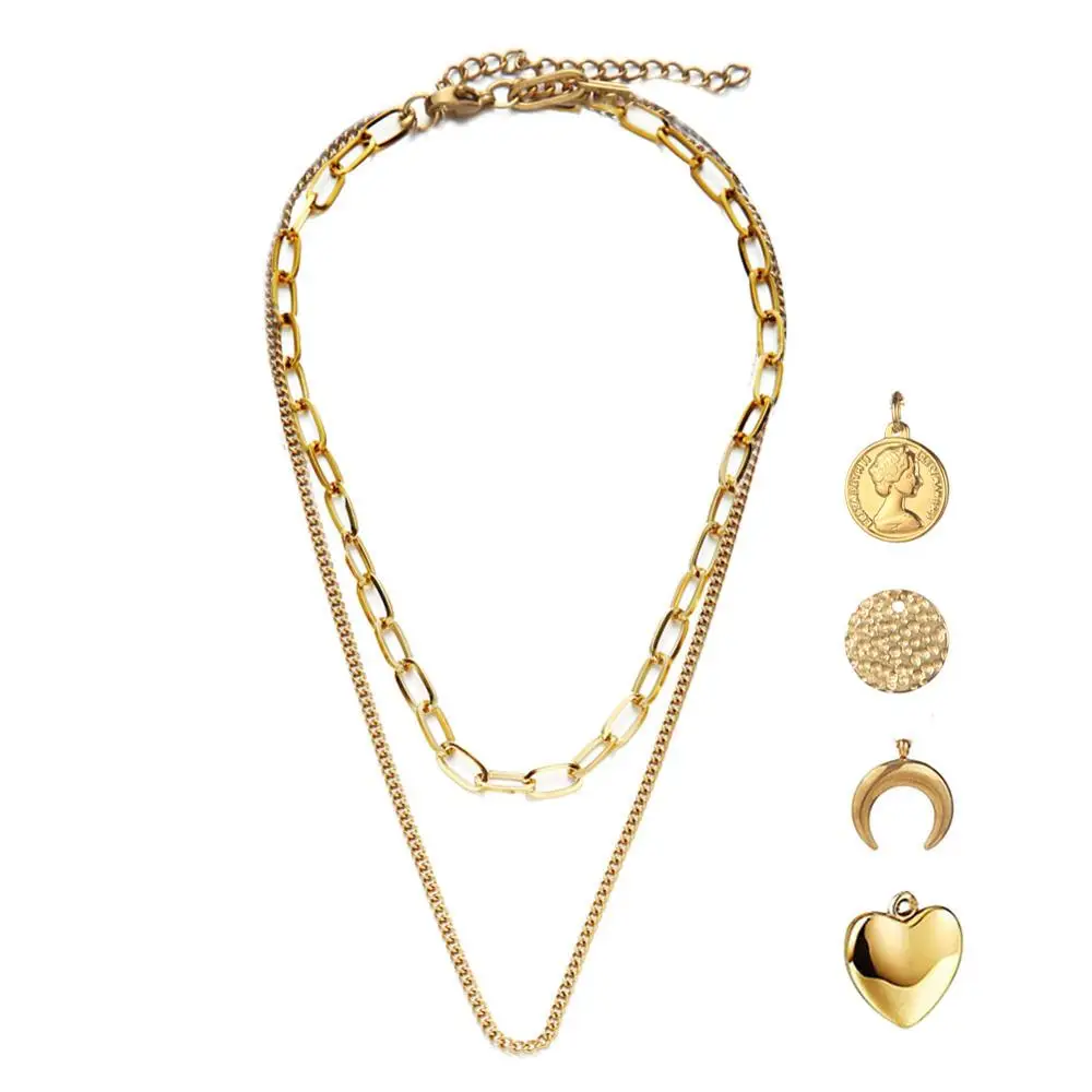 MinaMaMa Vintage Stainless Steel Paperclip Chain Coin Moon Heart Pendant Necklaces for Women Girls Choker Collar Jewelry