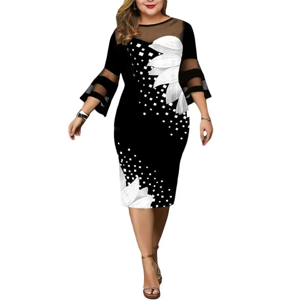 2022 Women Dress Digital Print Mesh Patchwork Elegant Flare Sleeve Mid-Calf Bodycon Dress for Wedding Party Women Clothing 5XL