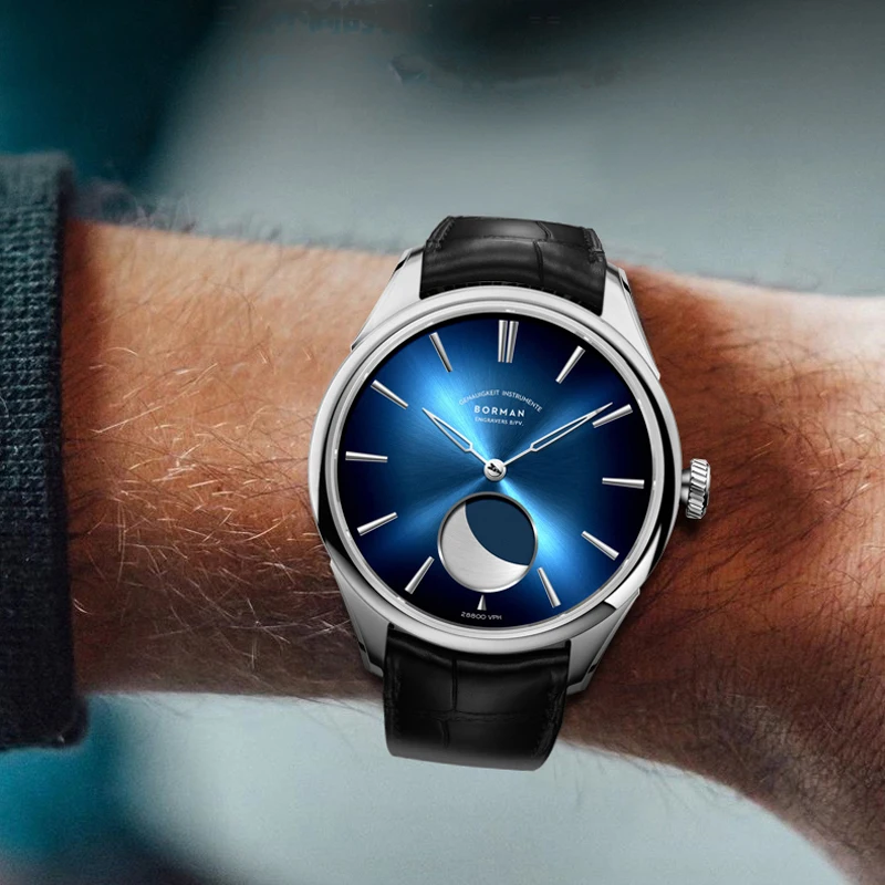 BORMAN สแตนเลสผู้ชายนาฬิกา Power Reserve 80 ชั่วโมง Moon Phase นาฬิกาอัตโนมัติ Sapphire กระจกกันน้ํา 50M นาฬิกา