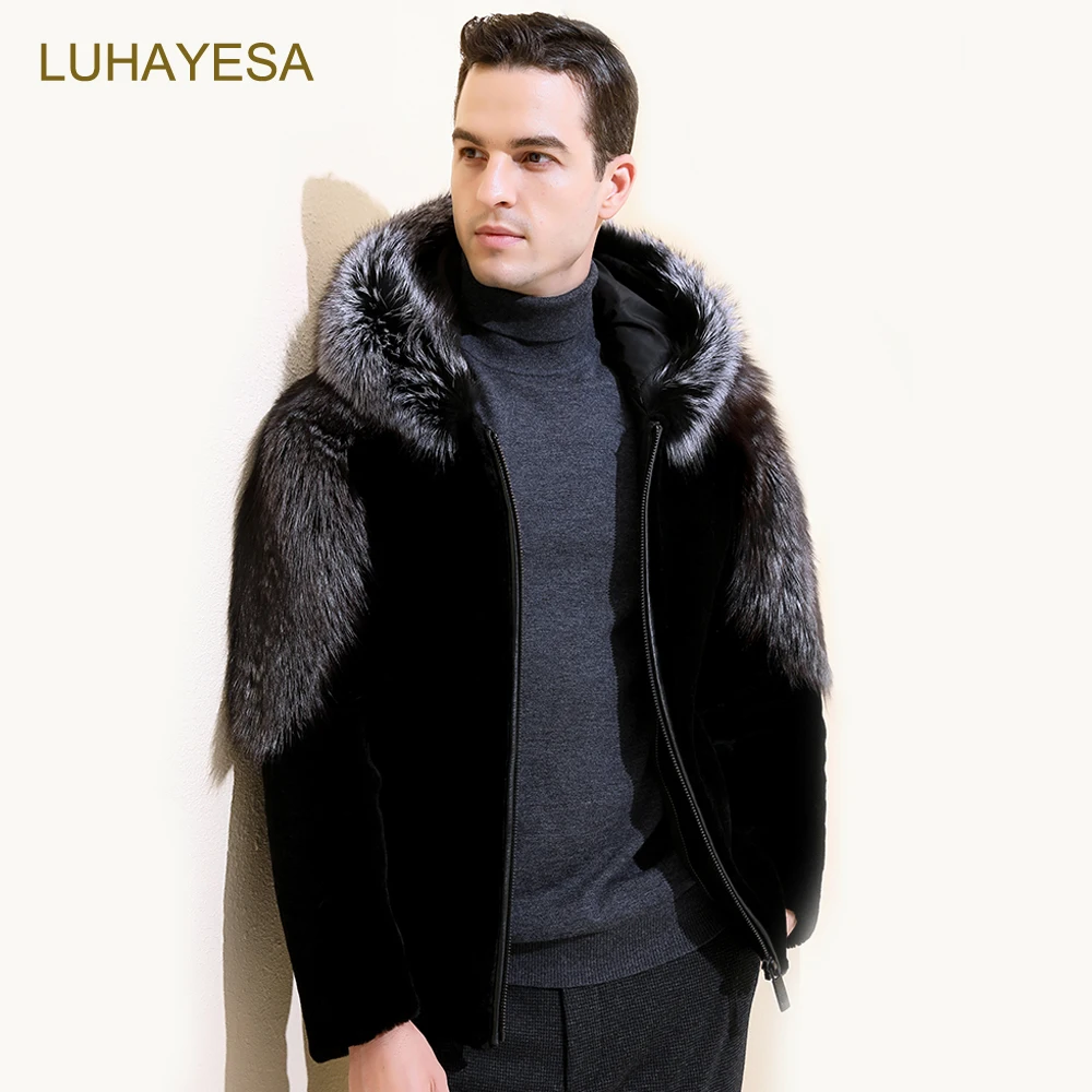 

2021 Luxury Hooded Silver Fox Fur Coats LUHAYESA Men Winter 100% Natural Sheepskin Shearling Fur Fox Jackets