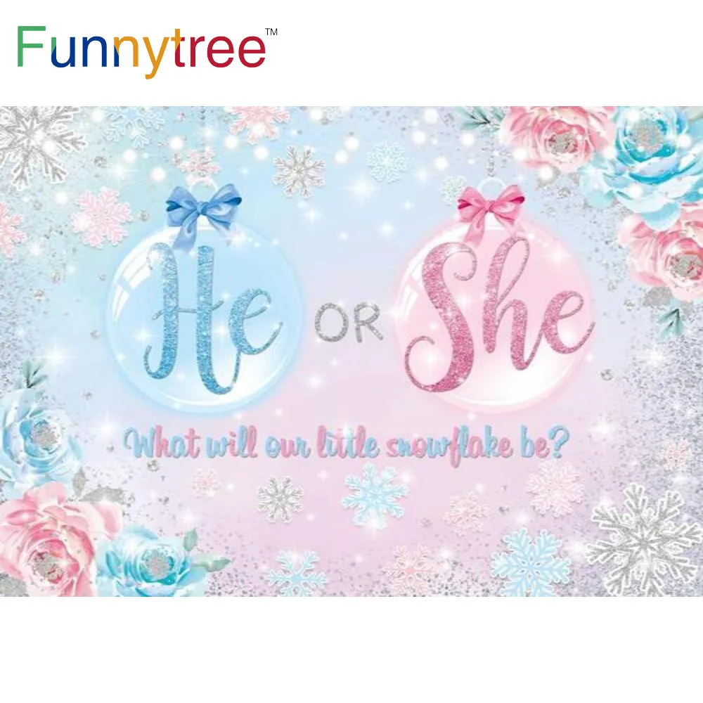 

Funnytree Gender Reveal He or She Background Baby Shower Birthday Party Flowers Snowflake Winter Silver Dots Photocall Backdrop