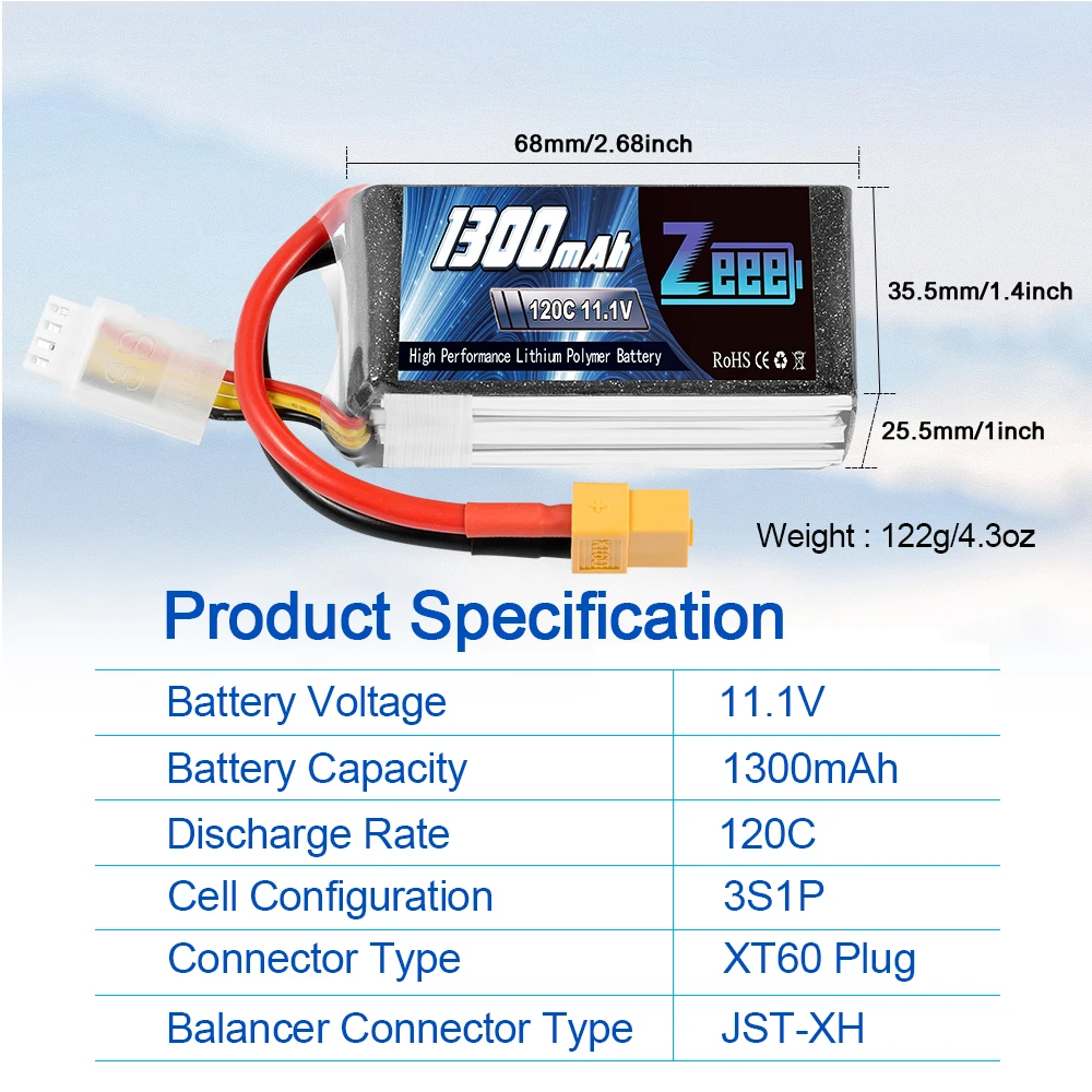 2units Zeee 3S RC Lipo Battery 11.1V 120C 1300mAh Softcase with XT60 Plug for RC Car Helicopter FPV Drone Airplane Racing Models