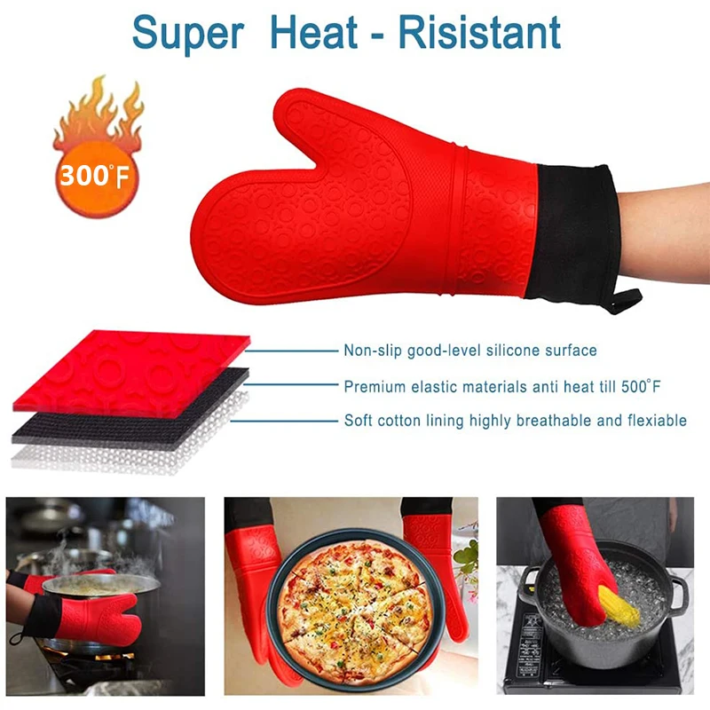 1/2Pcs Professional Oven Gloves Heat Resistant Silicone Gloves Oven Mitts Non-Slip Cooking Barbecue Gants With Soft Inner Lining