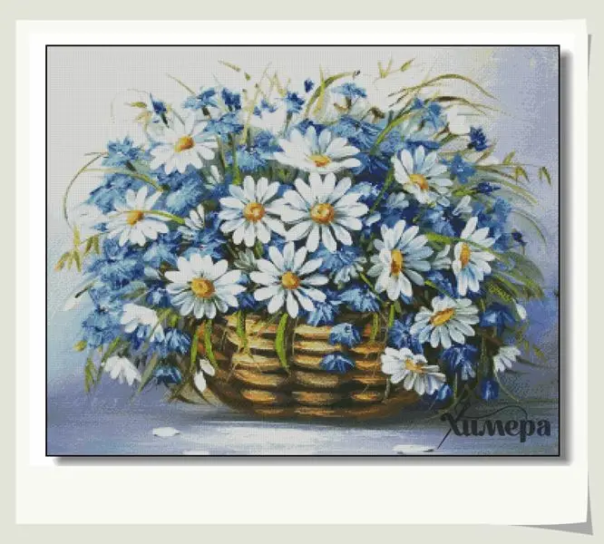 

cornflower and white daisy flower basket 14CT Counted Canvas DIY,Cross-stitch kits,Embroidery -110505 Riverside landscape