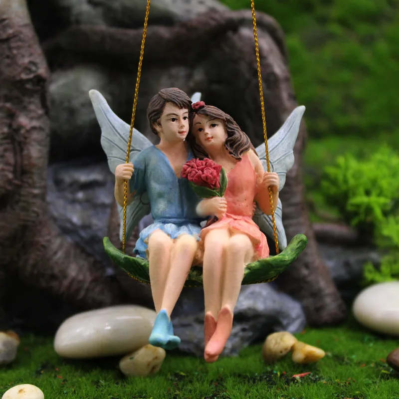 Romantic Couple Figurines Swing Flower Fairy Garden Micro Landscape Pendant  Resin Craft Creative Scene Decoration